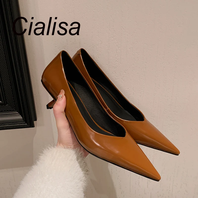 

Cialisa Women Shoes 2023 Spring New Genuine Leather Pointed Toe Pumps Party Dress Elegant Mid Heels Slip-On Lady Footwear Brown