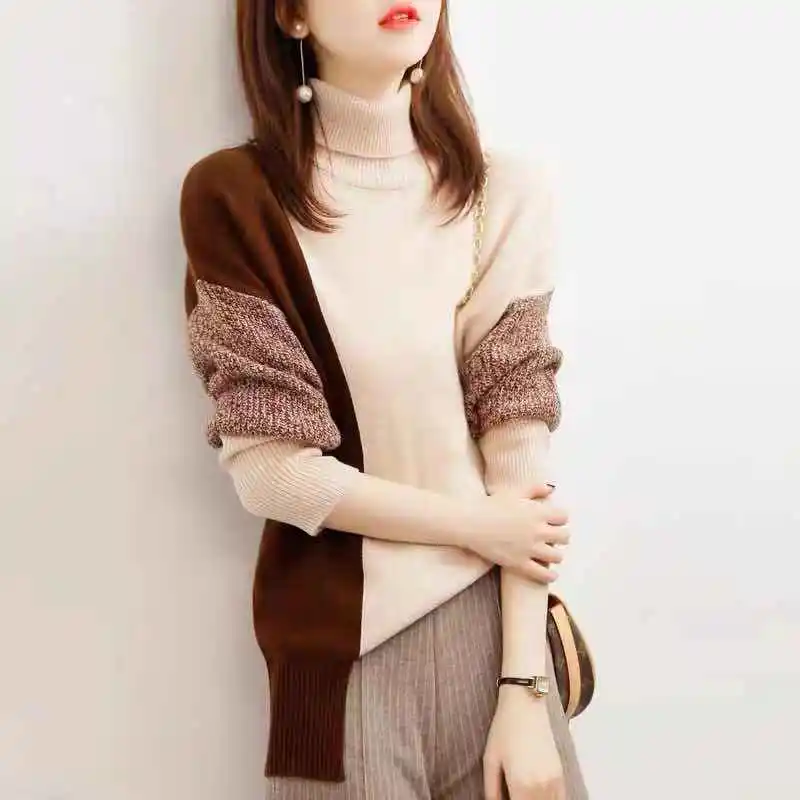 2021 Autumn Winter Loose Color Contrast Pullover Basic Warm Sweater for Women Soft Kniited Turtleneck Sweater Women Pull cardigan Sweaters