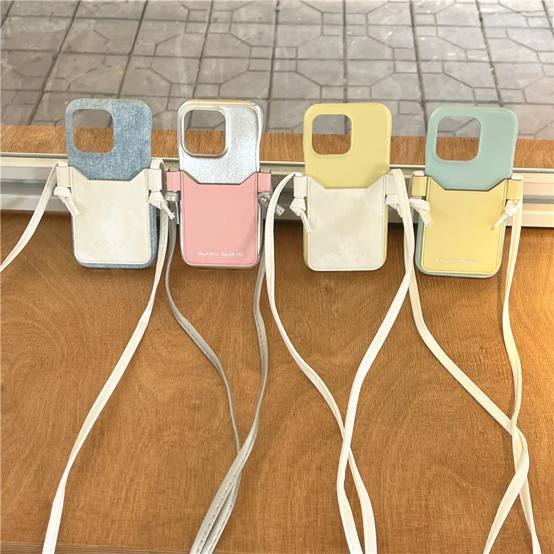 

INS Crossbody Shoulder Lanyard Phone Case For iPhone 15 14 15Pro Max 13 Pro 12 11 Trendy Card Pocket PU Leather Strap Back Cover