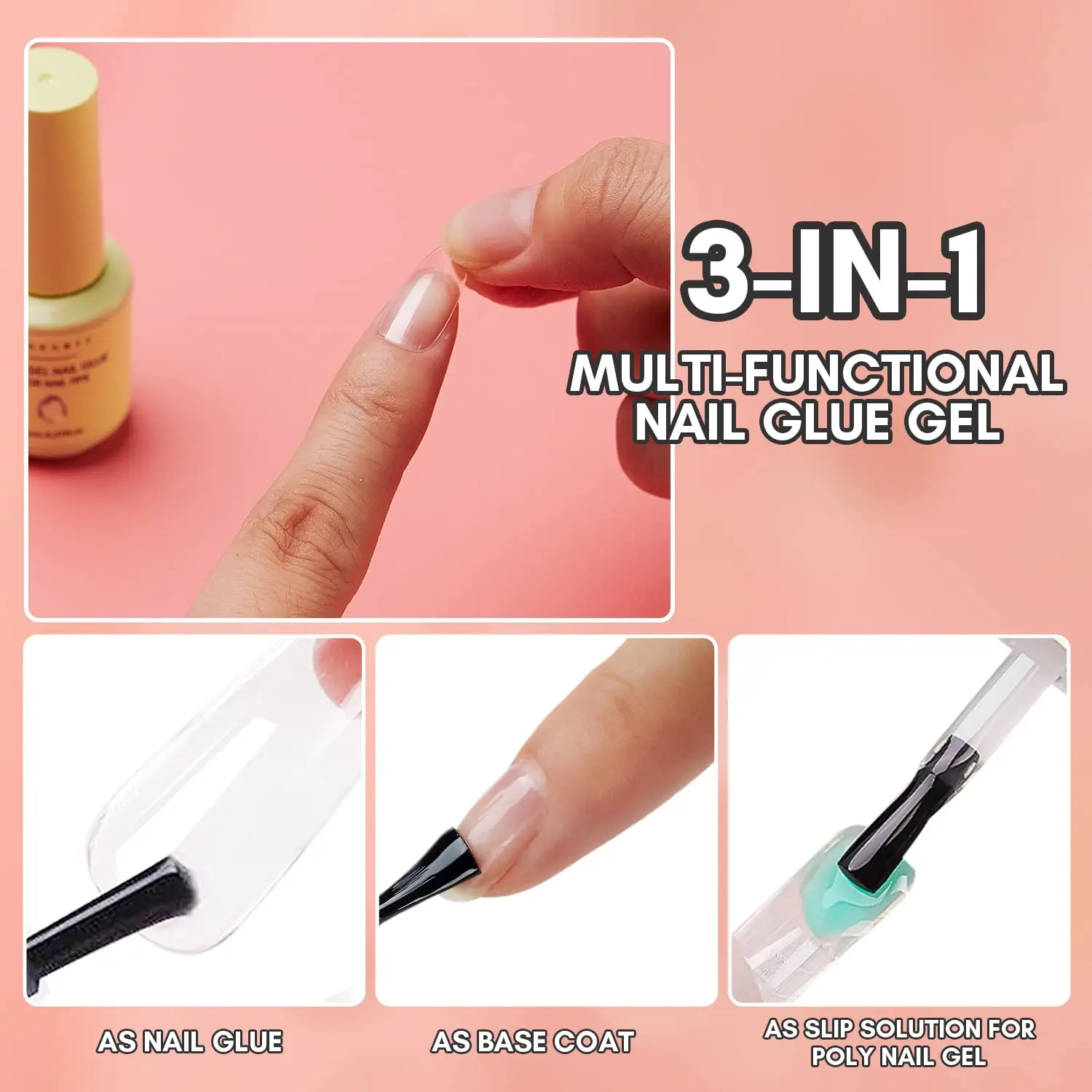 Makartt Nail Glue Gel and Top Coat 3 in 1 Gel Glue Nails Base No-Wipe Top Coat Glossy Shine Curing