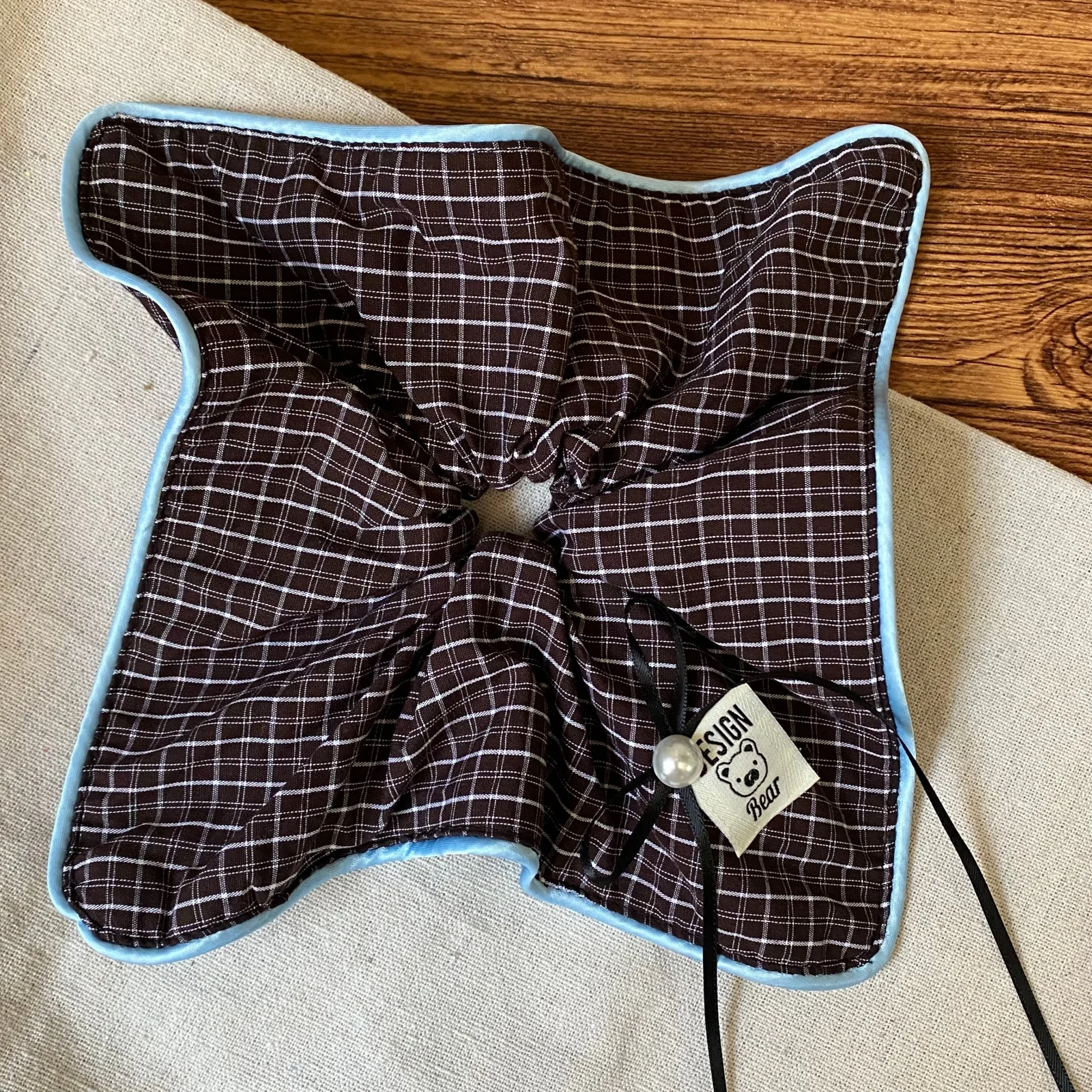 1PC Hair Accessories Set, Brown Plaid Bow And Scrunchie With Blue Trim, Bear Label, Cute Hair Decor For Girls