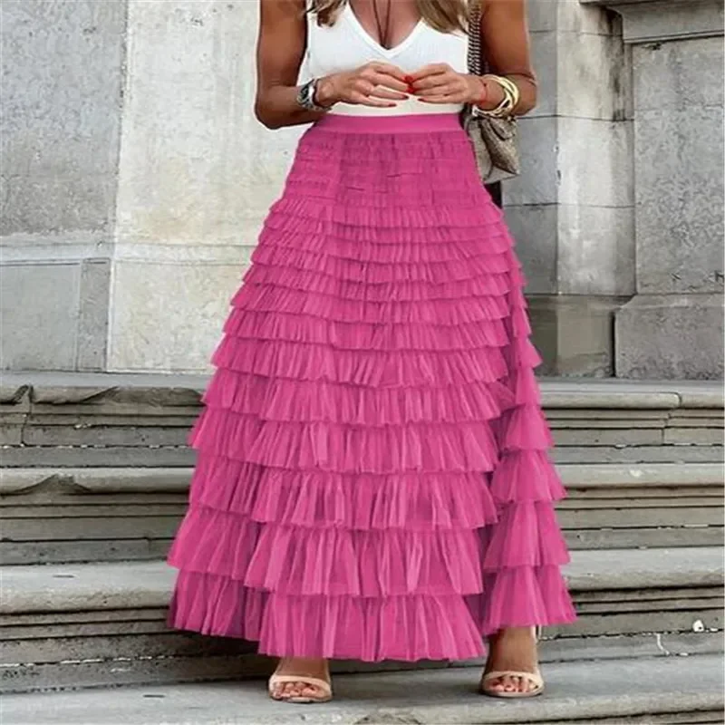 

Casual Womens Solid Ball Gown Long Skirt Tulle High Waist Pleated Tutu Skirt Elegant Ladies Wild Mesh Dating Maxi Skirts Drop