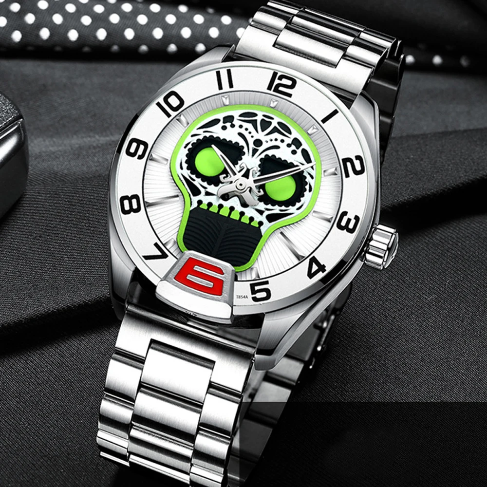 Skull Tourbillon Skeleton Automatic Watch Men Luminous Mechanical Mens Watches Waterproof Leather Strap Mens Business Wristwatch