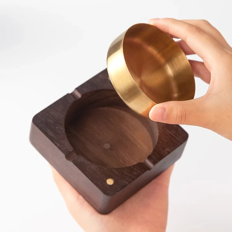 Solid Wood+Stainless Steel Ashtray with Magnetic Attraction Square Lid Anti Fly Ash Home Antique Living Room  Table Decoration