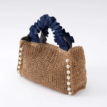 Pearls Straw Bags for Women Bohemian Ruched Handle Handbags Summer Woven Tote Bag Handmade Travel Beach Bag Small Shopper 2024
