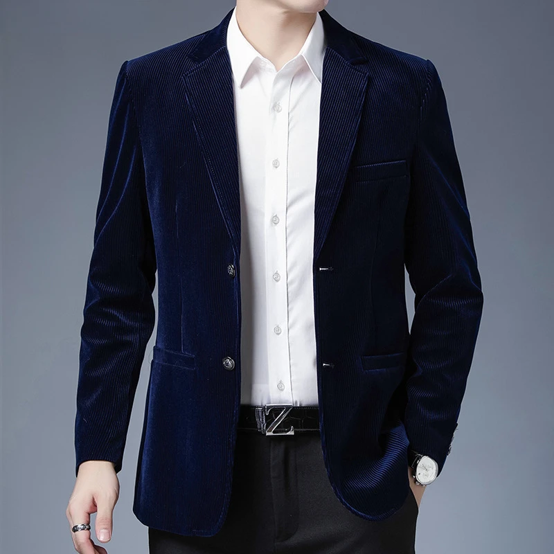 

Winter New Blue Corduroy Mens Suit Jacket Slim Fit Single Breasted Quality Blazers Men Business Formal Casual Blazer