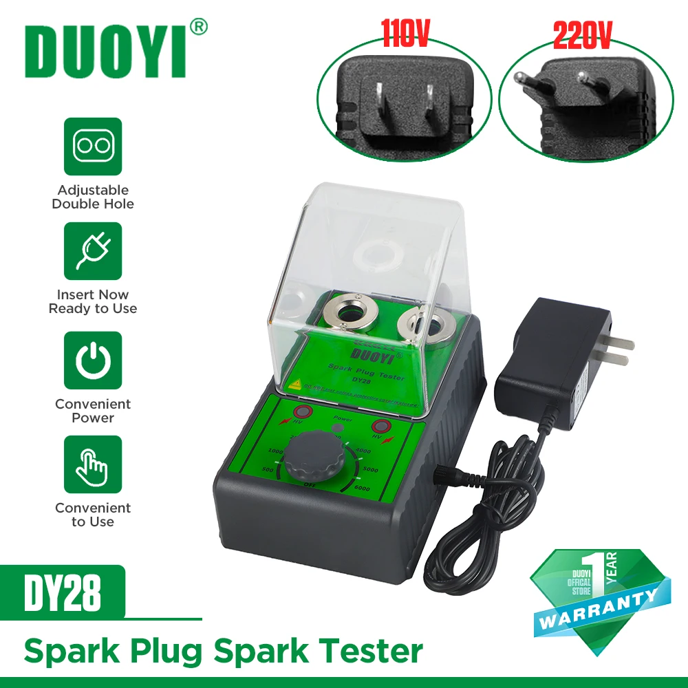 

DUOYI DY28 Car Spark Plug Tester Ignition Tools 110V-220V Double Hole Wiring Lgnition Spark Plug Analyzer 1000rpm to 6000rpm/min