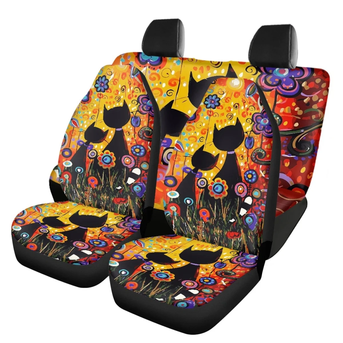 

Car Seat Covers Oil Painting Cat 4PCS Set Non-skid Universal Auto Front and Back Vehicle Seat Cushion Design Easy Install Clean