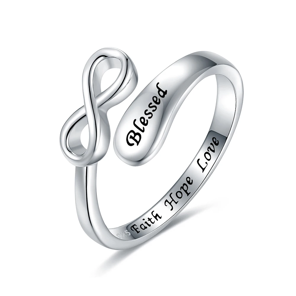 

925 Sterling Silver Infinity Open Adjustable Blessed Faith Hope Love Inspirational Encouragement Jewelry Ring Gift for Teen Girl