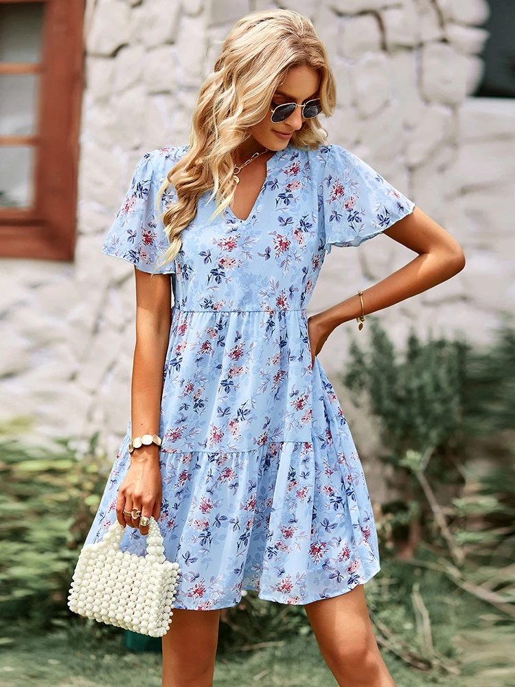 

Spring Summer Fashion Women V Neck Short Sleeve Loose Chic Floral Printed Dress