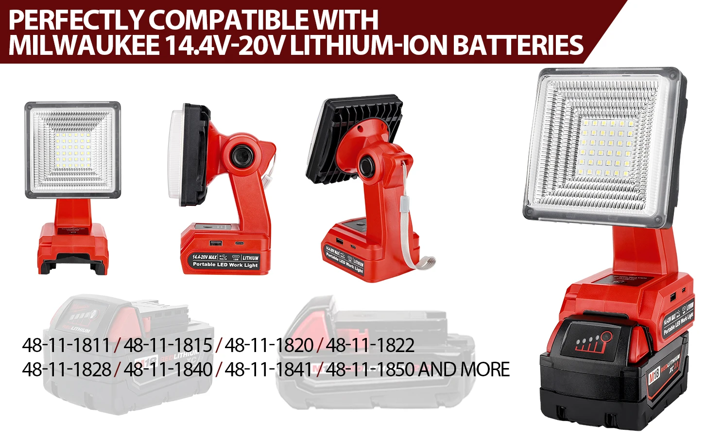25W LED Work Light for Milwaukee M18 18V Battery Outdoor Flood Light with 2 USB