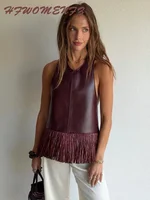 Haut Halter en Similicuir à Franges et Patchwork pour Femme, Débardeur Chic Sans Manches et Dos Nu, Collection Printemps-Été 2026 1