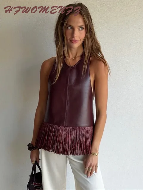 Haut Halter en Similicuir à Franges et Patchwork pour Femme, Débardeur Chic Sans Manches et Dos Nu, Collection Printemps-Été 2026 1