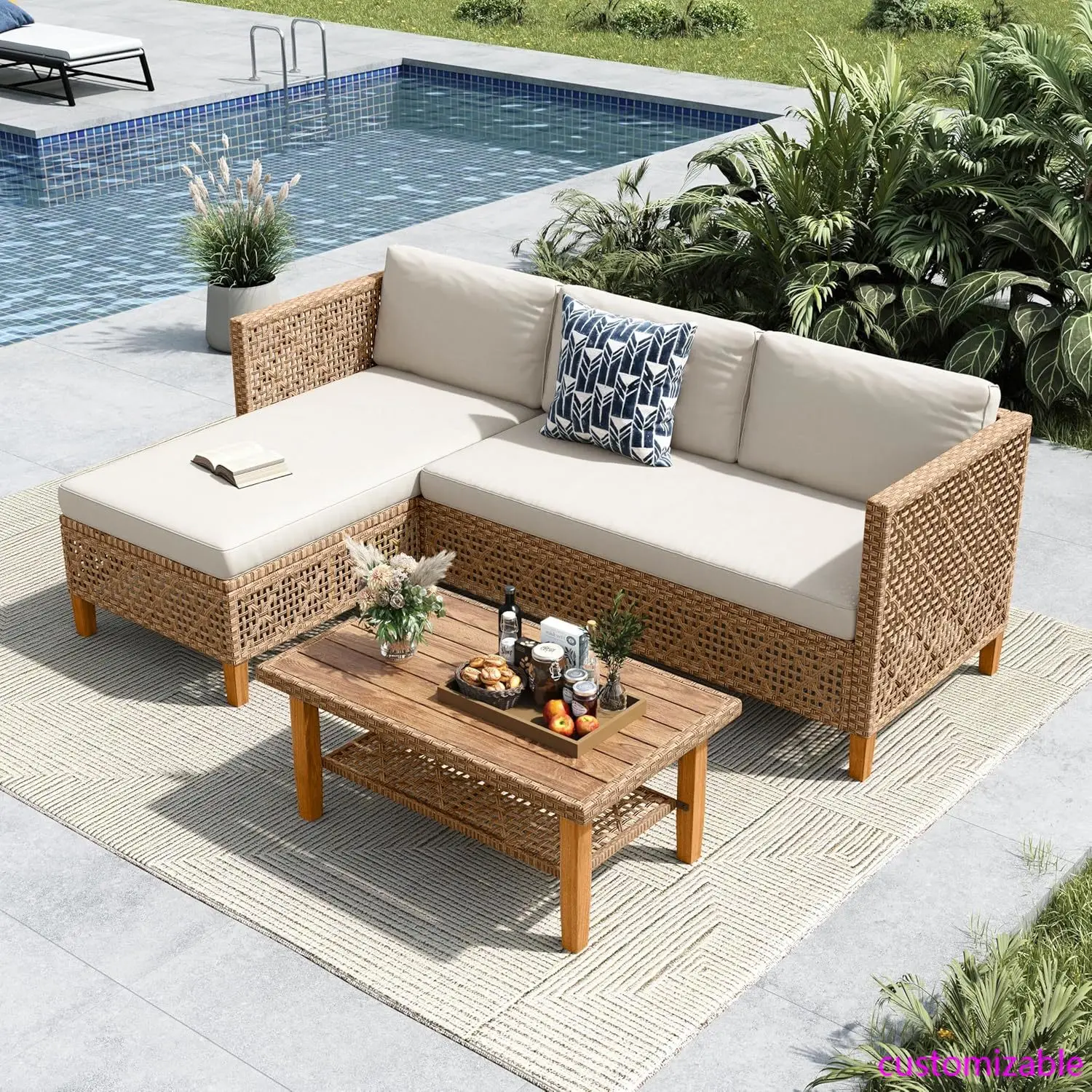 3-Piece Outdoor Wicker Sectional Sofa Set with Wood Table 1