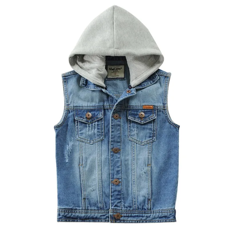Boys Denim Vest With Hood Fashion Solid Design Kids Causal Outwear Jean Coat For Children's Age 2-14 T Waistcoat LC400