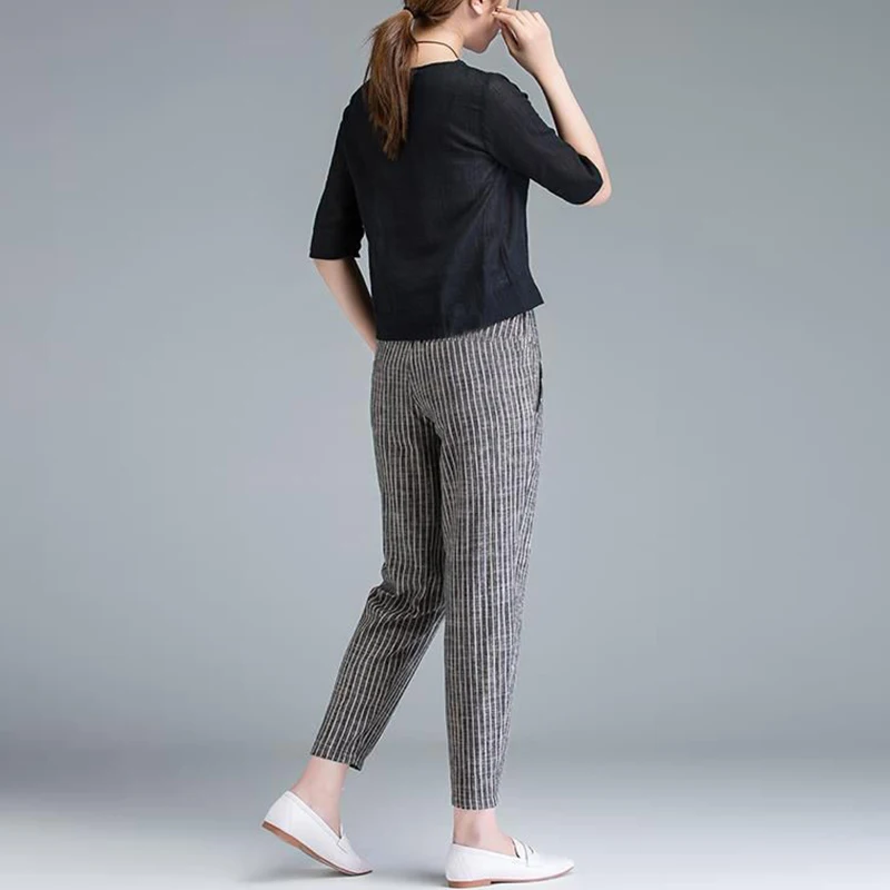Female Clothes Cotton Linen Striped Harem Pants Women High Waist Casual Straight Pants Ladies Simple All-match Trousers