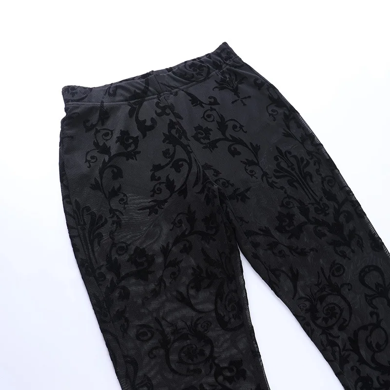 Women Sexy Club Lace Print Sheer Slim Flare Pants Spring Autumn 2024 High Waist Stretch Dark Style Hipster Trousers Streetwear