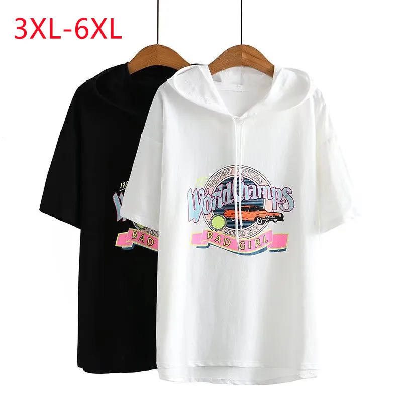

Large Womens 2022 summer new fashion casual print hooded white Plus Size short sleeve sweater 3XL 4XL 5XL 6xl