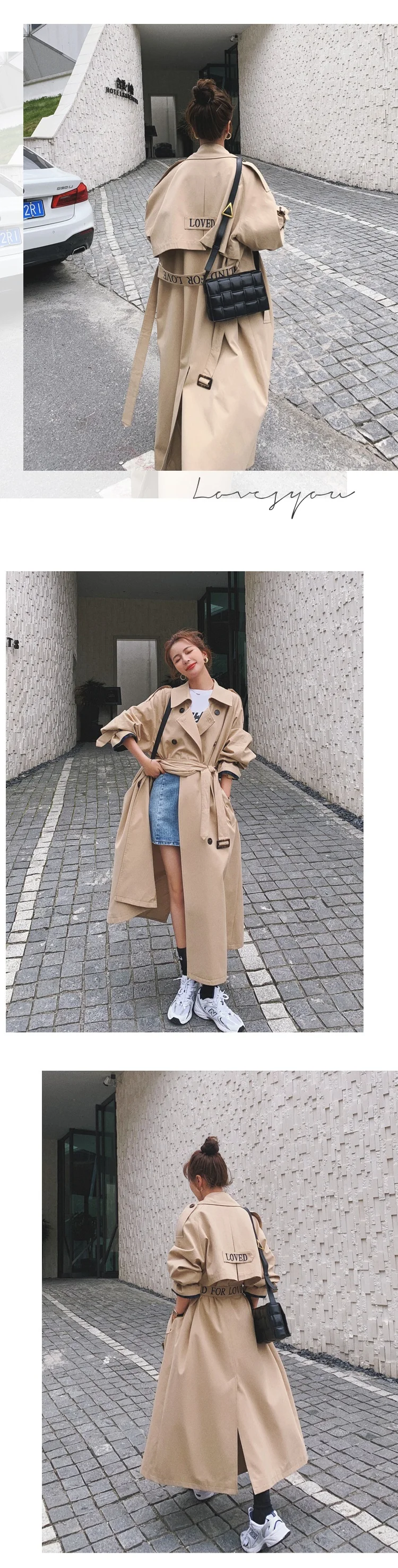 Women's Windbreaker Khaki Long Spring Autumn Trench Coat Female Embroidered Casual Loose Wear With Sashes Fashion Ladies Cloak ladies parka coats