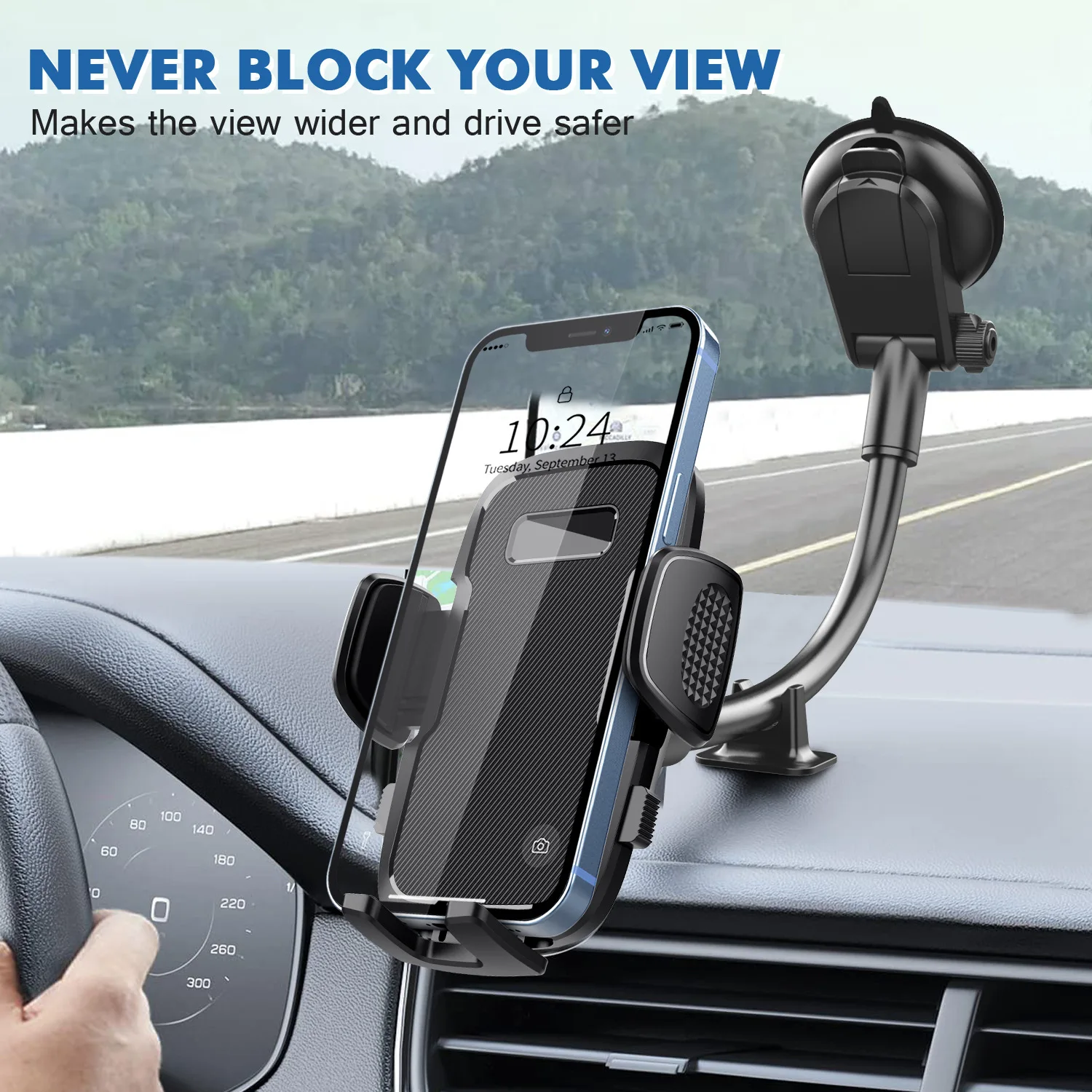 Dashboard Phone Holder for Car【360° Widest View】9in Flexible Long Arm,  Universal Handsfree Auto