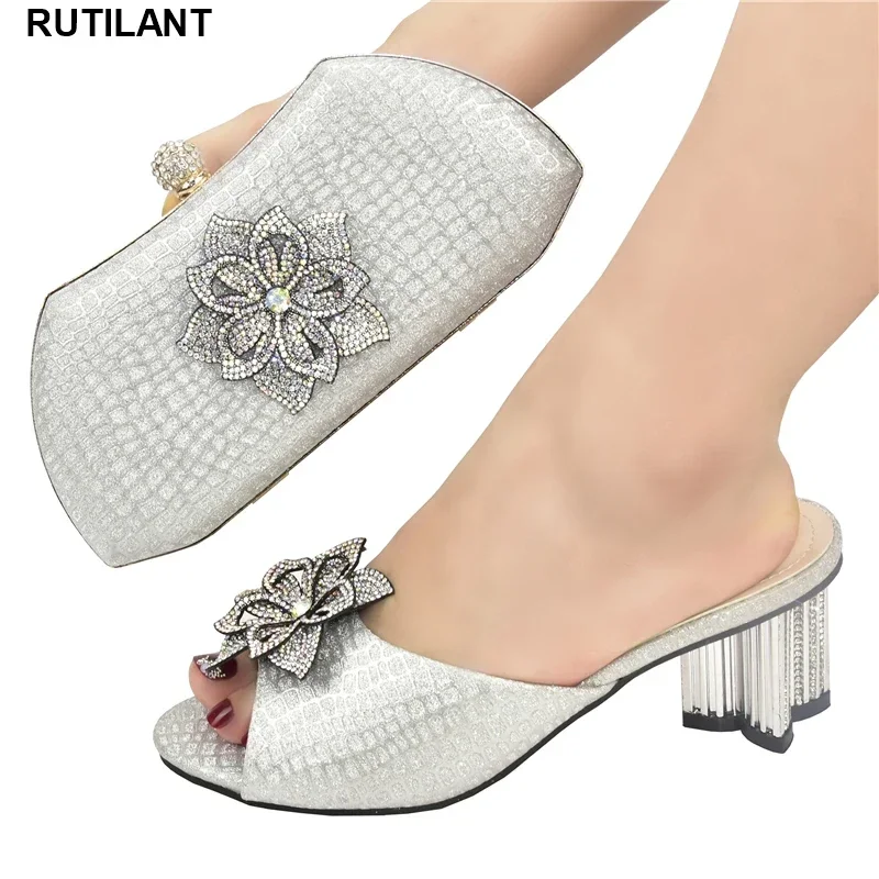 

Fashion Italian Design Ladies Shoes with Matching Bag High Quality African Nigeria Shoe and Bag Set Decorated with Rhinestone