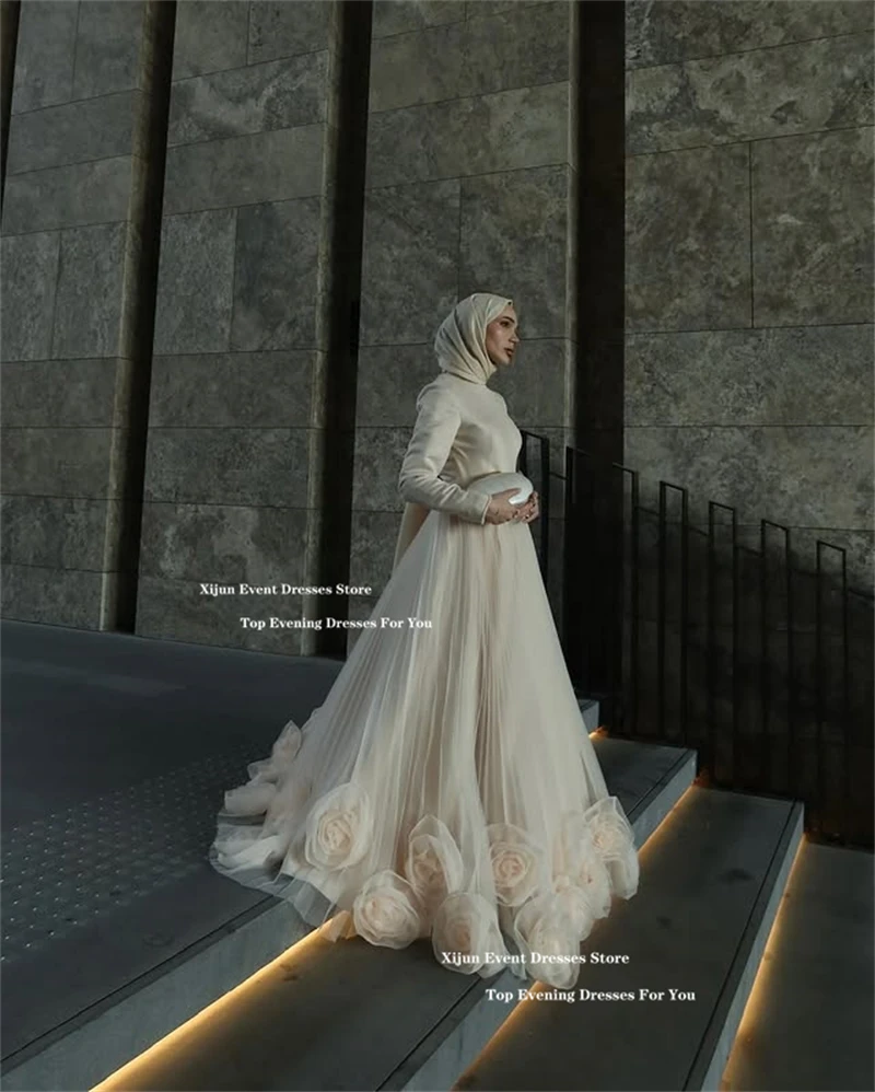 Women prom dresses Xijun Modest Ivory Long Evening Dresses 3D Flowers A-Line Muslim Wedding Dresses Dubai Formal Occasion Prom Gown Customized