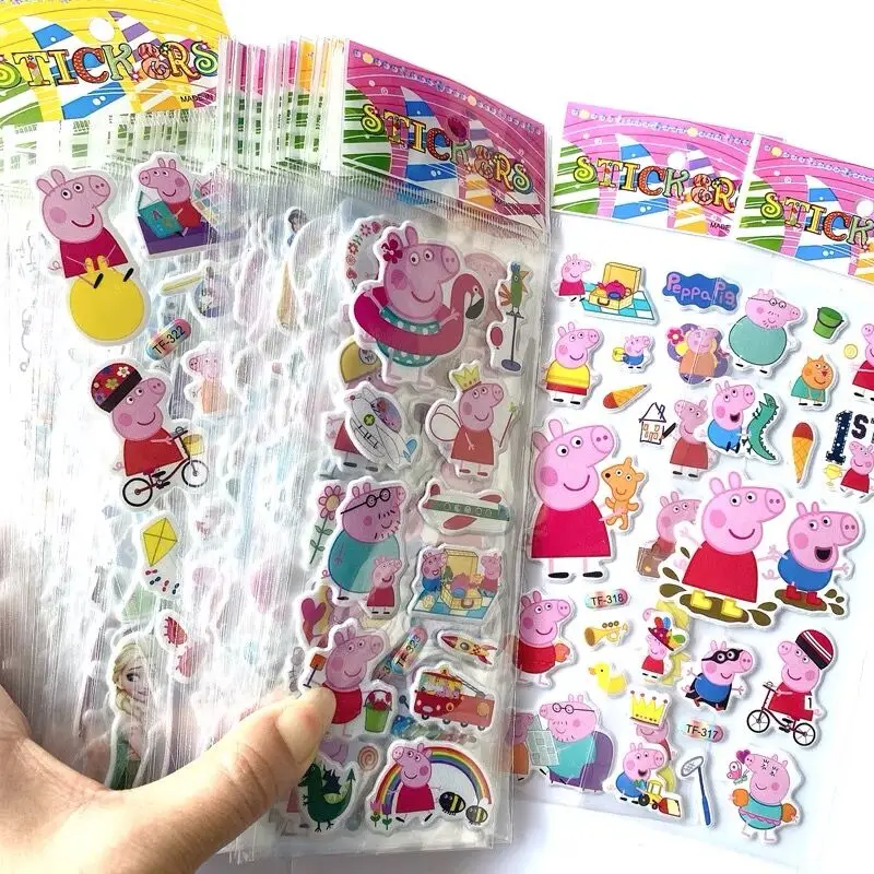 6/12PCS Peppa Pig Toys 3D Sticker Children&rsquo;s Anime Cartoon Bubble Paste Thicken Reward Sticker Kids Toys Gifts