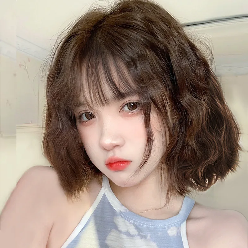 

Wig short hair female summer full head cover type net red round face, short curly hair wool roll natural young imitation wig set