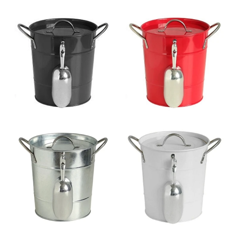 

Metal Round Champagnes Bucket Double Handle Ice Bucket with Shovel and Lid Beverage Tub Drink Coolers Wine Supplies Dropship