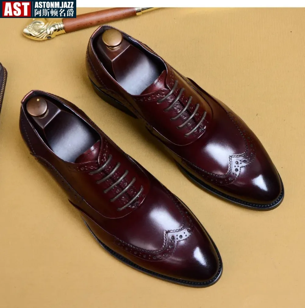 Elegante herenschoenen, Oxford, veterschoenen, diepe Derby Brogue van leer, vintage, Zwart, 48 EU