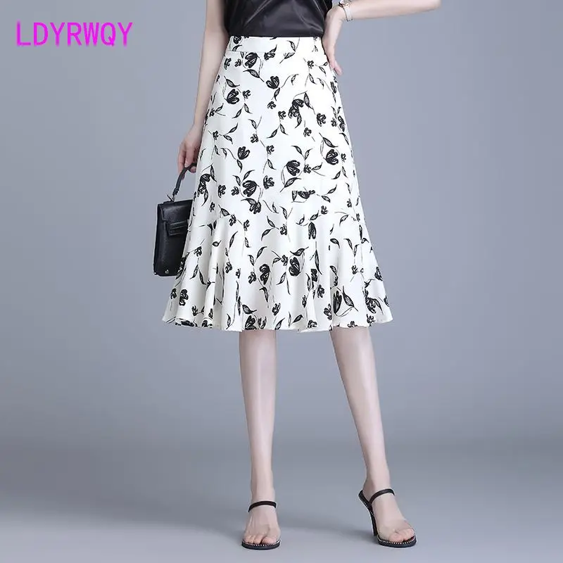 

Floral fishtail skirt women skirt 2023 new summer bag hip skirt printing