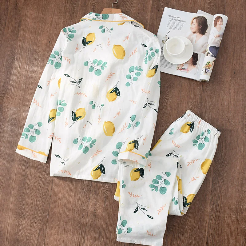 Women Pajamas Set 100% Gauze Cotton Cartoon Avocado Cactus Printed Sleepwear 2Pcs Turn-down Neck Shirt+Pants Comfort Homewear pyjama sets