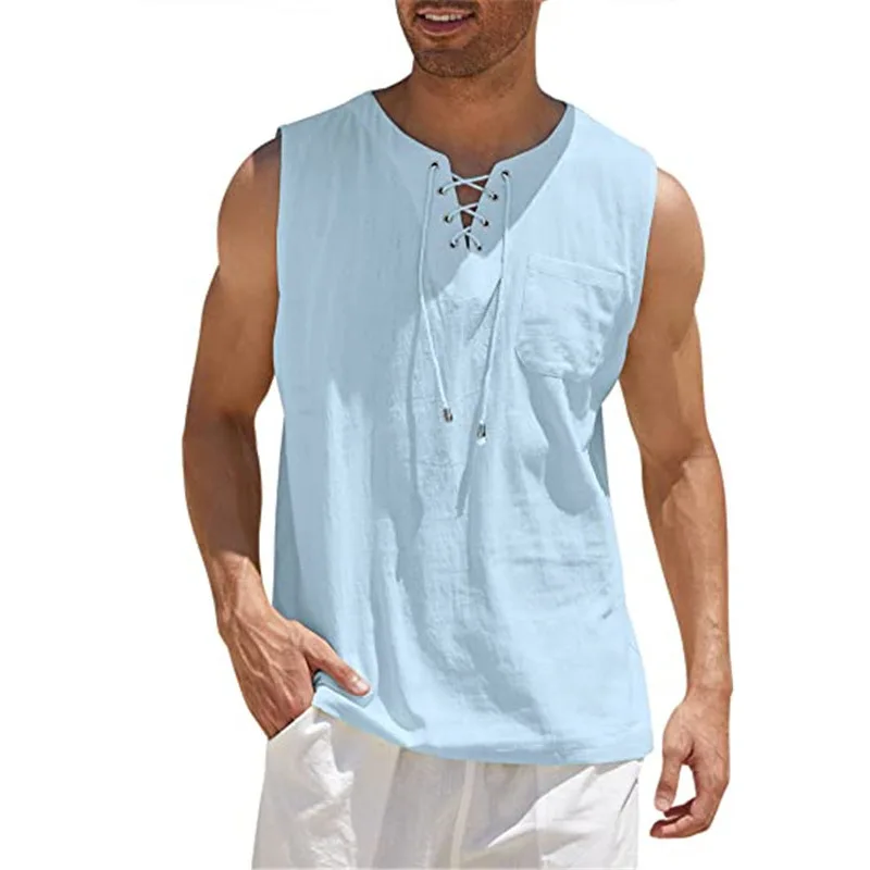 Mens Cotton Linen Sleeveless Vest Summer Tank Top