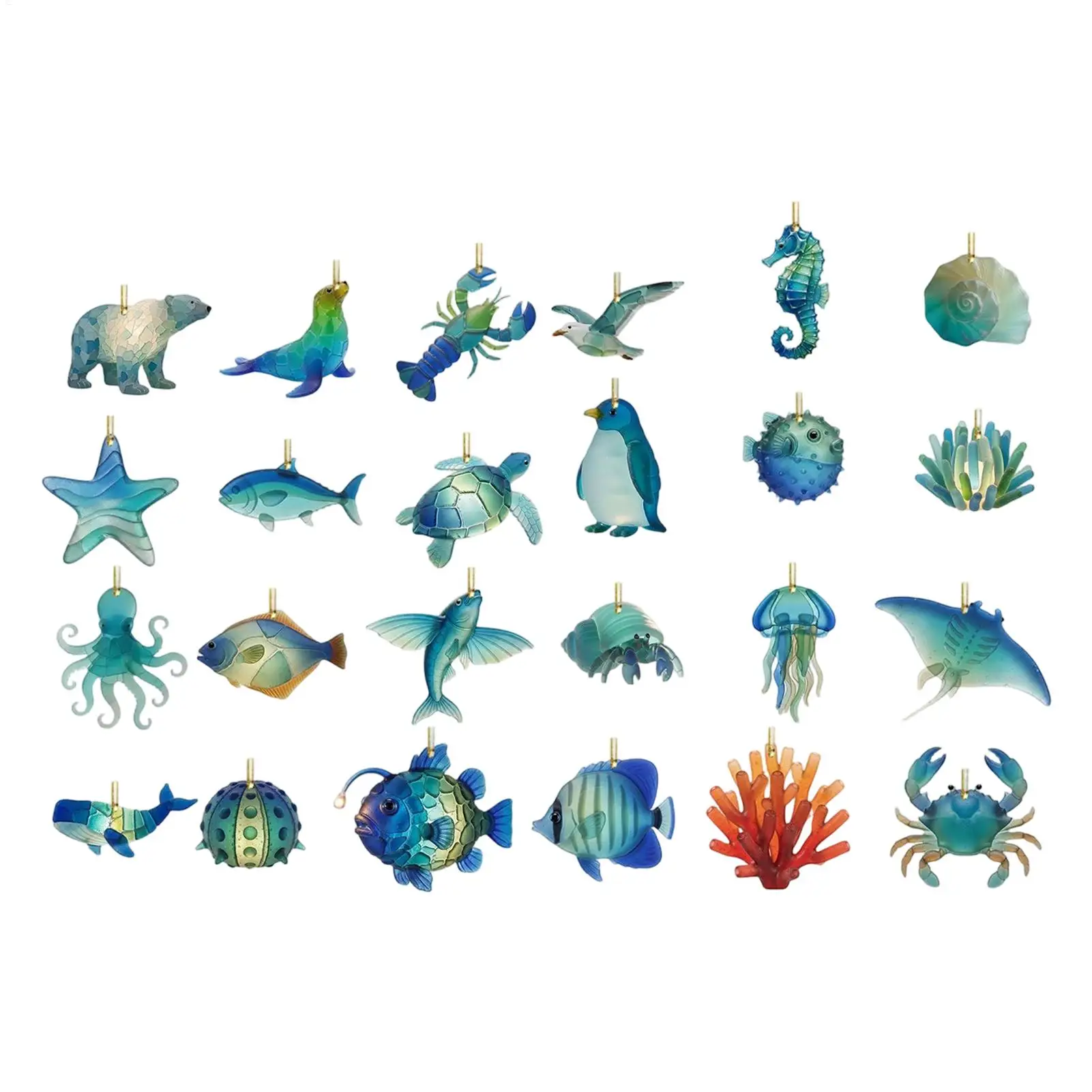 Christmas Advent Calendar 2D Acrylic Marine Life Ornament 24 Days Countdown Calendar Christmas Sea Glass Pendant for Kids Gifts