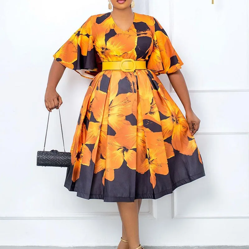 

2022 Summer African Floral Print Dress For Women Sexy V-Neck Flare Sleeve Robe With Belt Sweet Style Femme Midi Dresses Vestidos