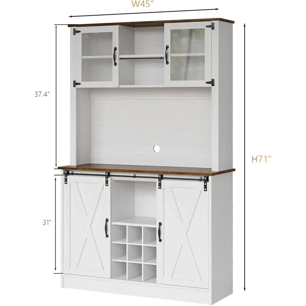 Farmhouse Coffee Bar Hutch with Sliding Barn Doors，72&rdquo;White Buffet Cabinet with Hutch, Glass Doors and Wine Rack