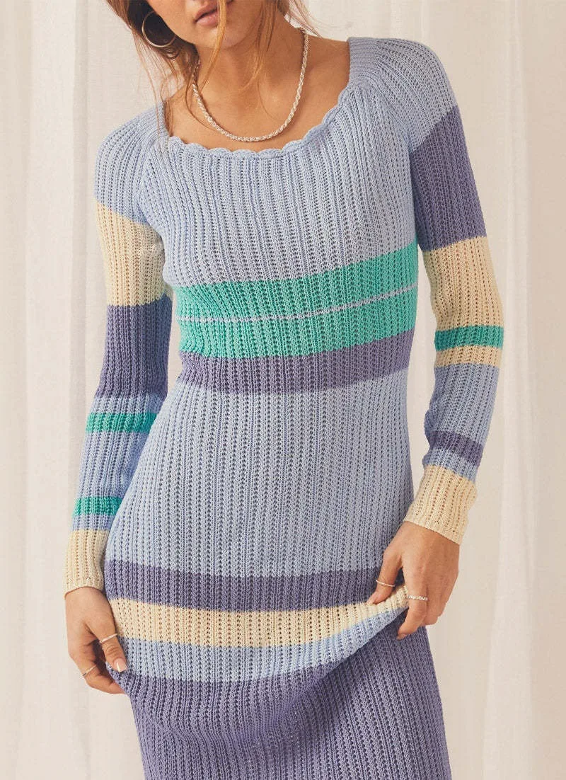 Hollow Out Knitwear Striped Maxi Dress For Women Contrast High Waist Long Sleeve Elegant Holiday Autumn Long Dress Female