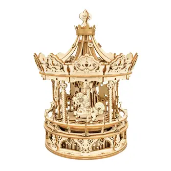 Robotime 3D Wooden Puzzle 336pcs Rotatable DIY Romantic Carousel Game Gift for Children Kids Adult AMK62 Assembly Music Box Toy 1