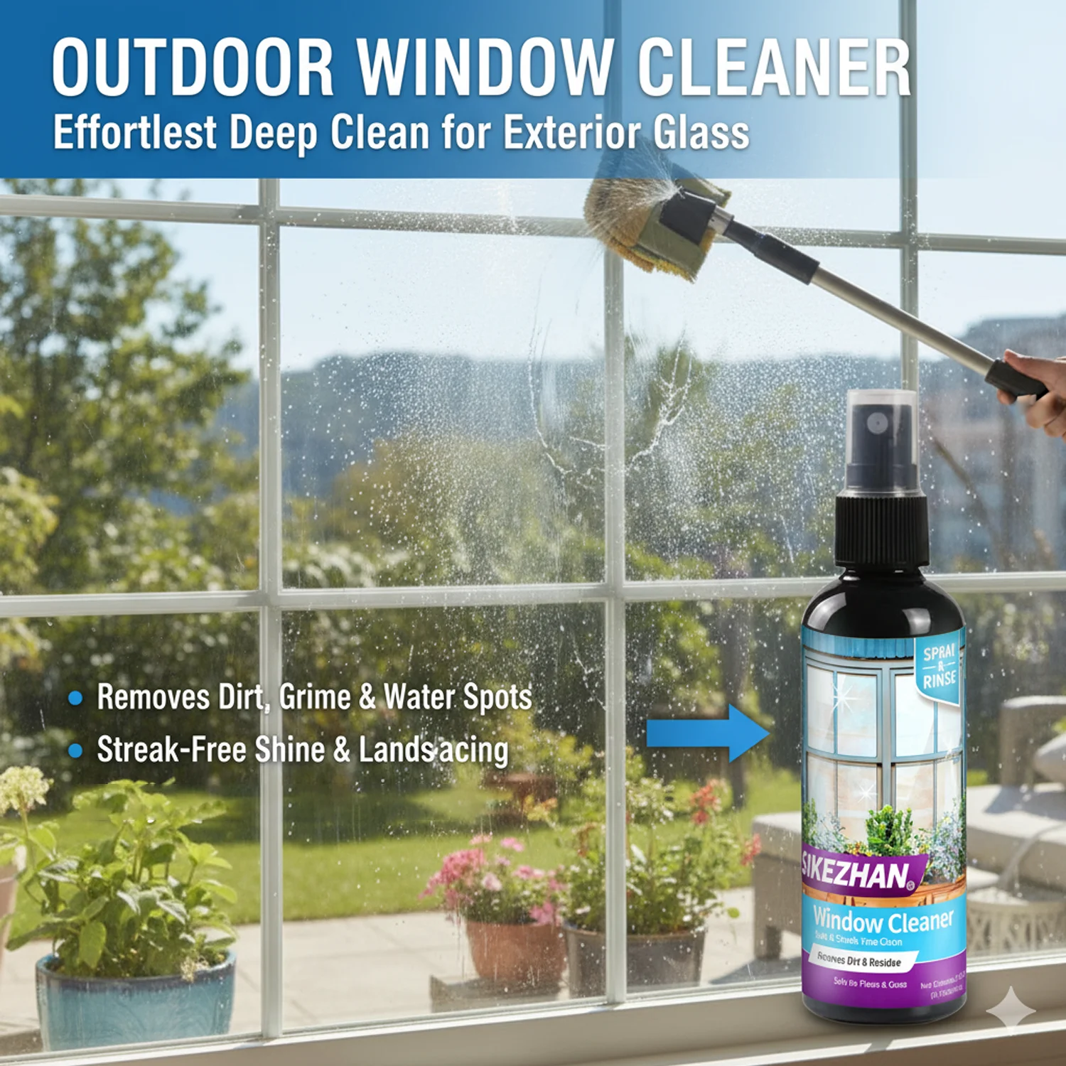 Professional Outdoor Window Cleaner Spray - Streak-Free Glass Cleaning Solution for Home Office Garden Patio Surfaces