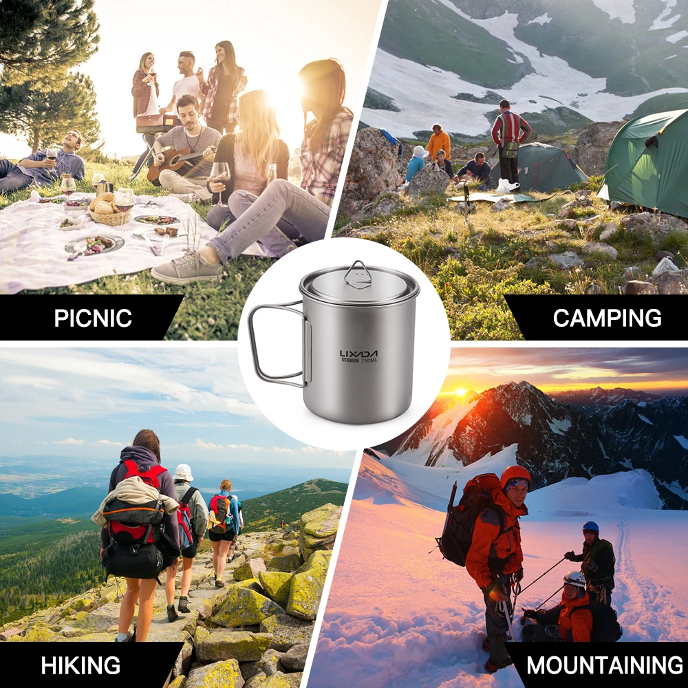 Lixada Ultralight Titanium Cup Mug 300/350/550/650/750ml Water Cup Camping Picnic Water Mug Tableware Foldable Handle