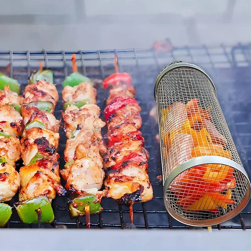 Stainless Steel Cylinder Barbecue Rolling Grilling Basket Rack Cooking Grill Grate Outdoor Round BBQ Grid Travel Camping Picnic