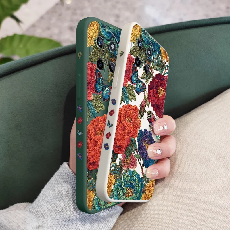 Elegant Embroidery Flower Liquid Silicone Phone Case