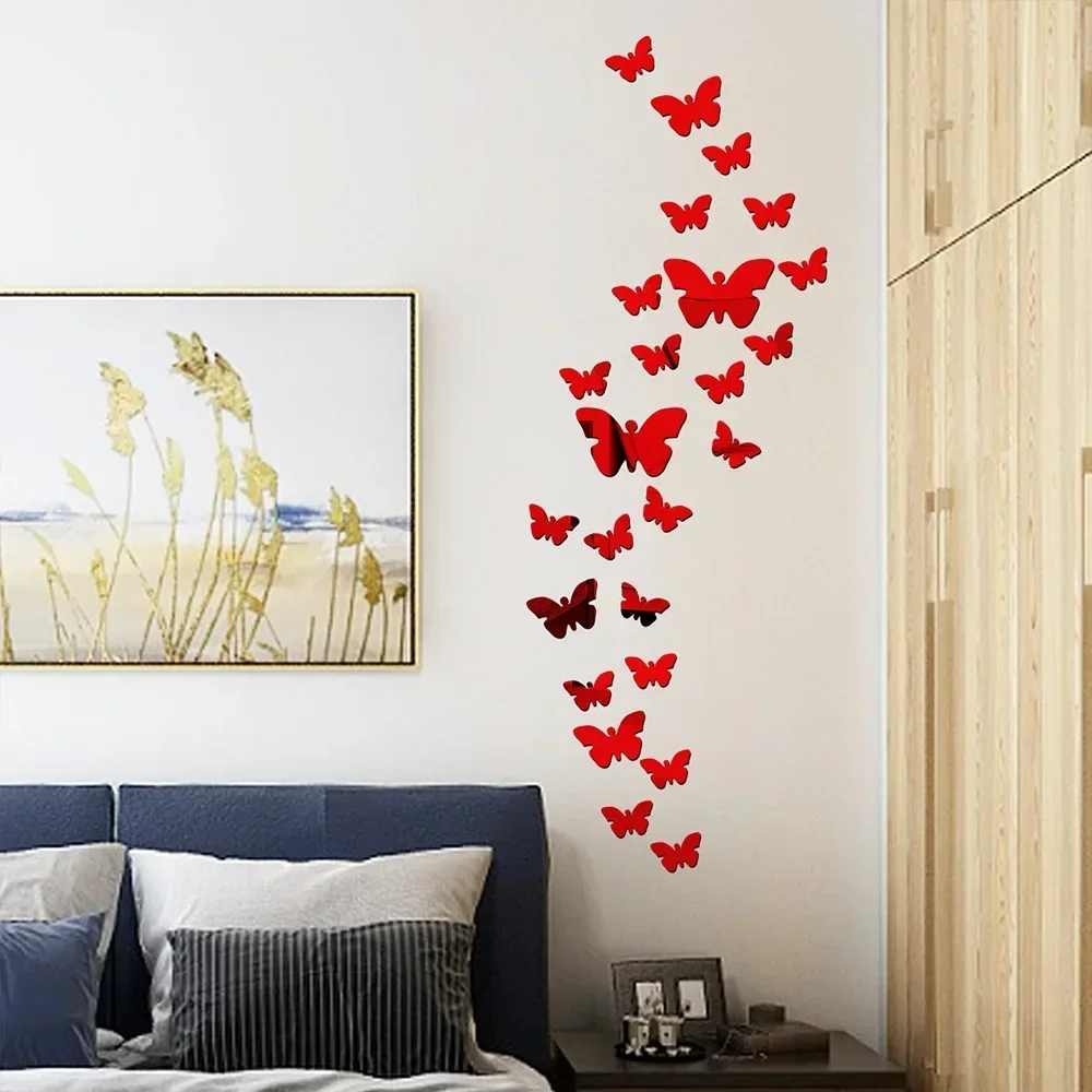 36PCS/Set Mirror Butterfly Pattern Wall Stickers DIY Background Living Room Bedroom Stickers Garden Style 3D Cafe Window Flowers