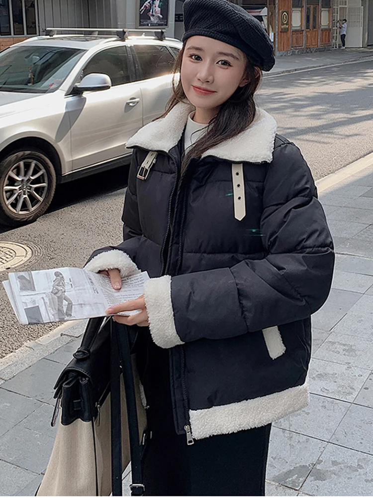 

2023 Winter New Lambswool Down Parkas Cotton Padded Jacket Patchwork Coat Women's Korean Loose Puffer Jacket Thick Overcoat