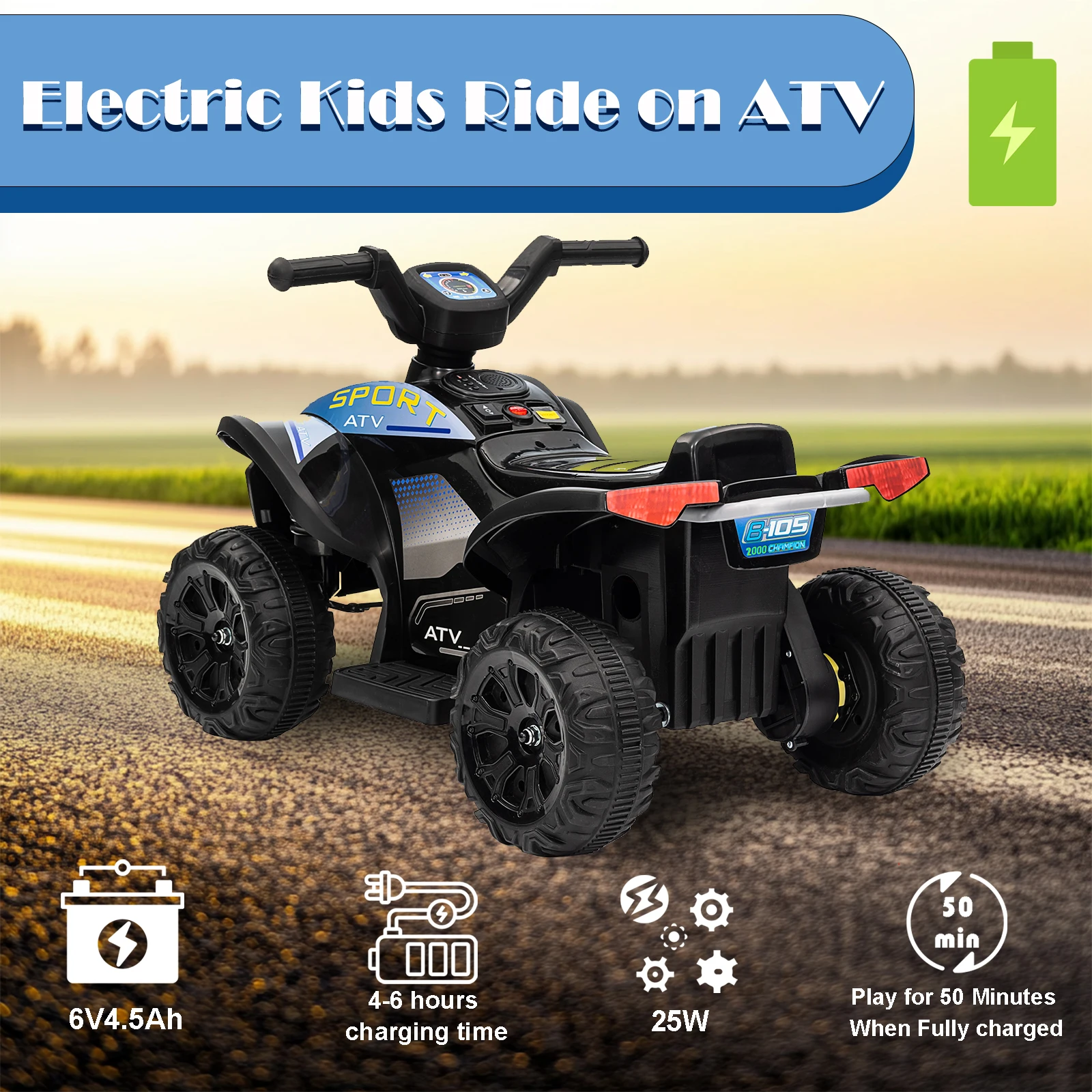 6V ATV Quad for Kids, Electric Ride on Toys for Toddlers w/MP3, LED Light, Spring Suspension, One-Button Start, Foot Accelerator
