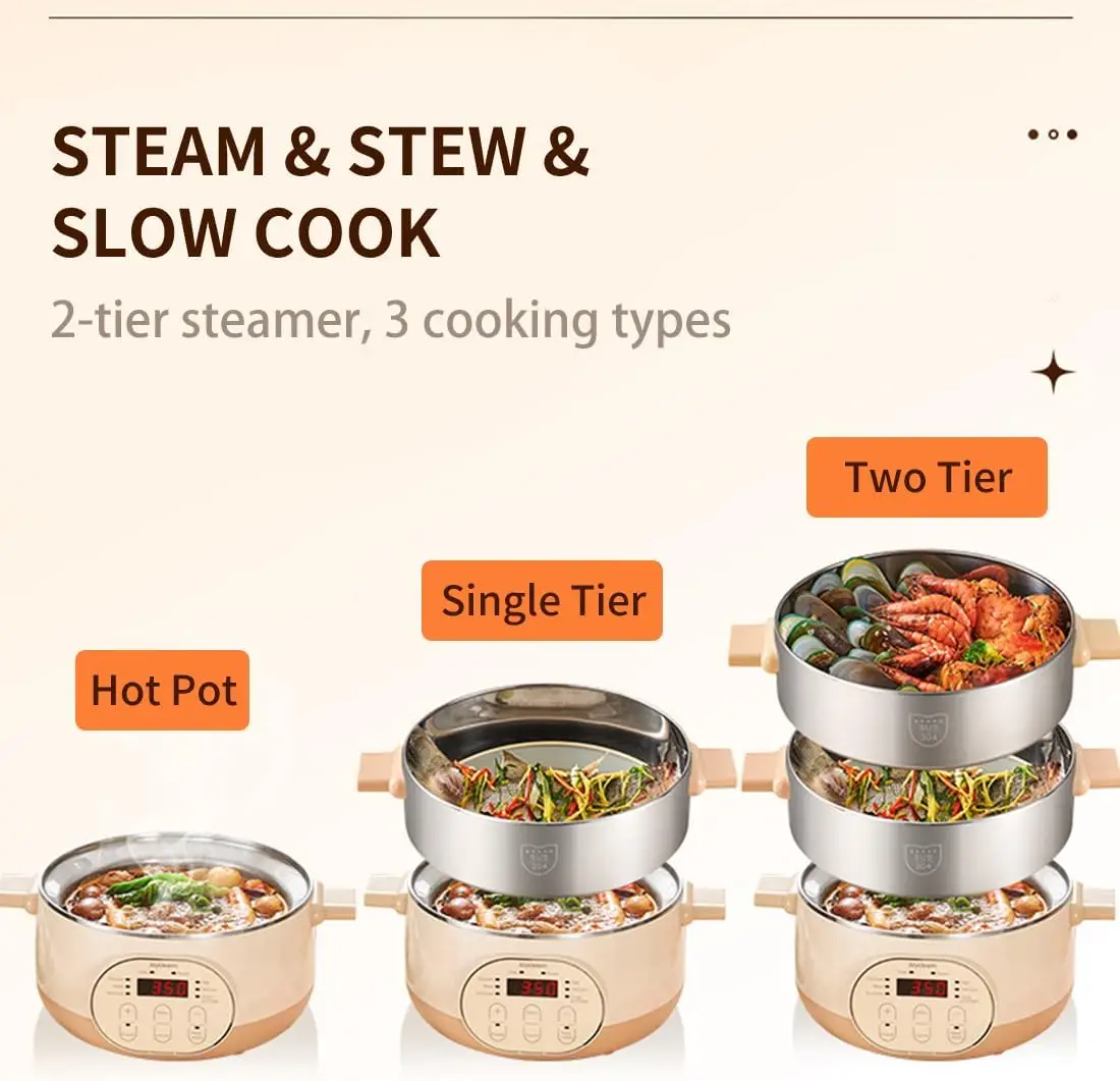 Electric Food Steamer for Cooking, 2-Tier Stainless Steel Vegetable & Food Steamers, 15L Large Capacity, 6