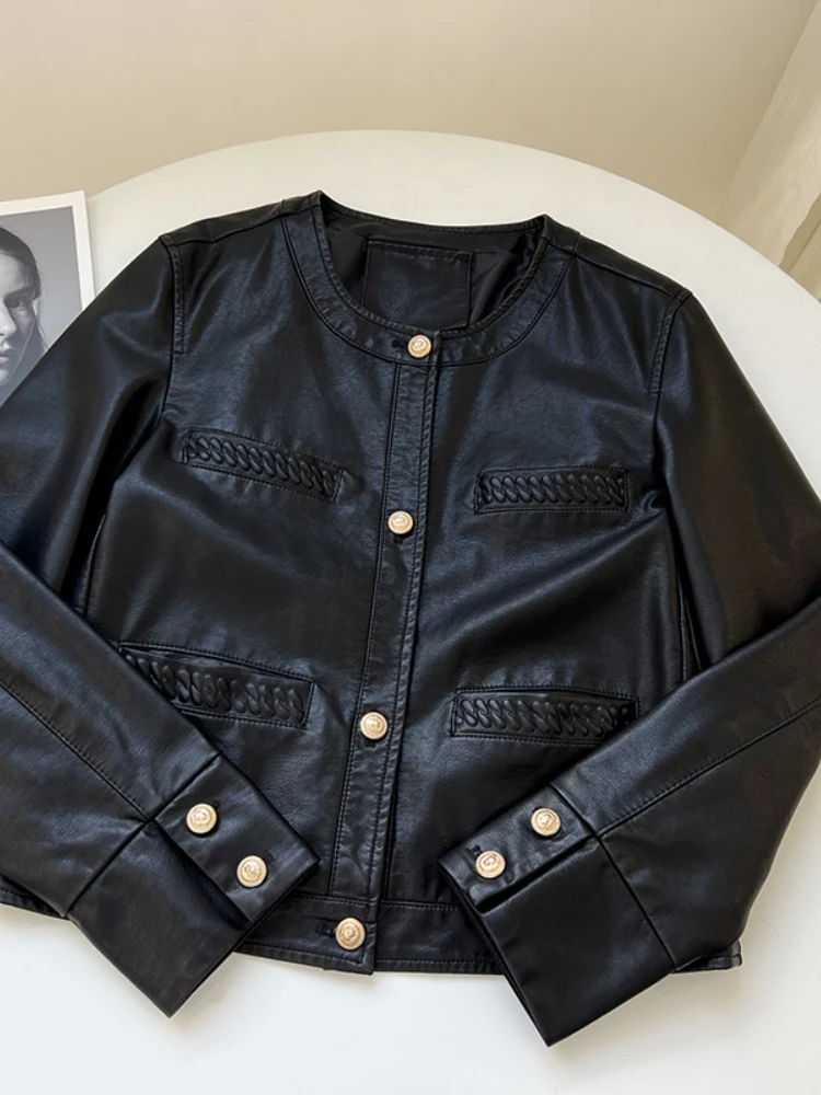

Fitaylor New Spring Autumn Women Elegant Faux Leather Short Jacket Lady High Street Slim Vintage O-neck Single Breasted Pu Coat