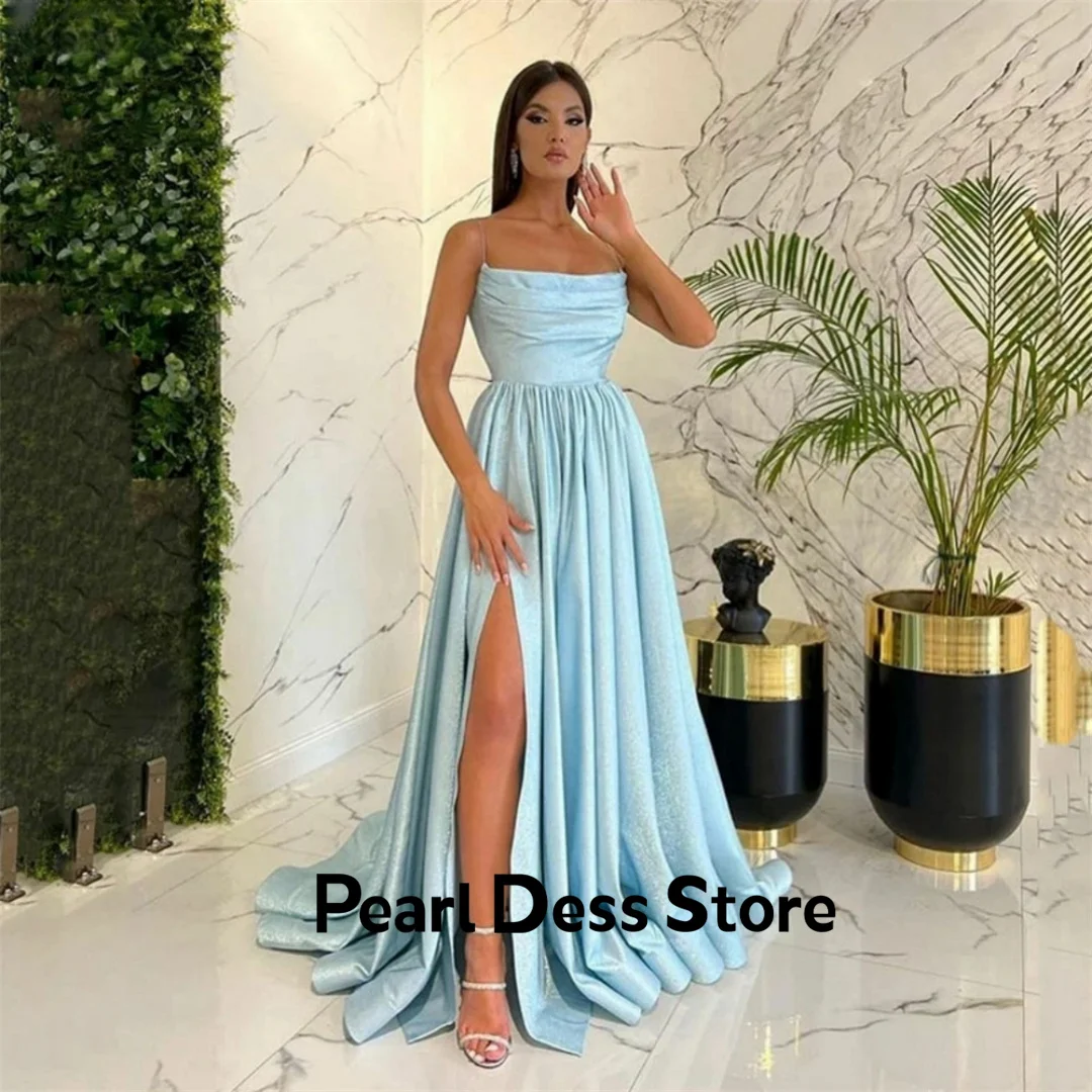 

Light blue long tunic with pleated glittering ball dress A-shaped side slit tank top Fiesta De Damas