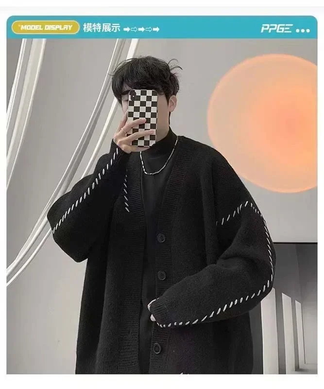 Herbst V-Ausschnitt Strickjacke Pullover Männer Frauen Streetwear lose faulen Stil koreanische Vintage Strickjacke Modemarke Herren Strickjacke – Detail 9