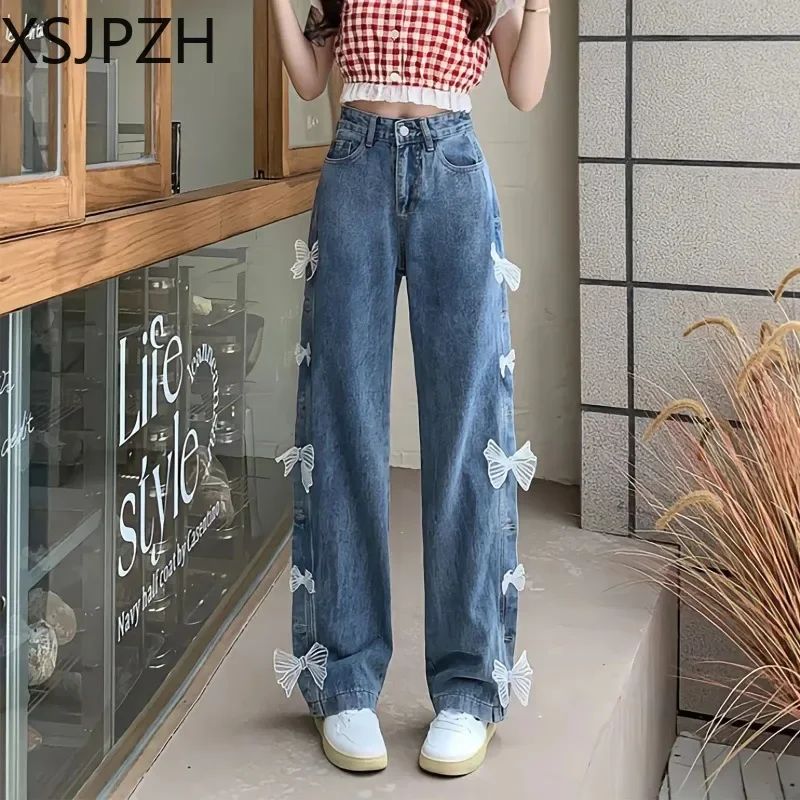 

Fashion Harajuku Streetwear Wide Leg Trousers New Korean Kawaii Casual Sweet High Waist Lace Bow Loose Straight Denim Pants Y2k